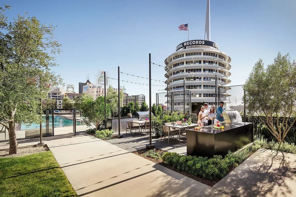 Enjoy the outdoor grilling area next to the iconic Capitol Records building.