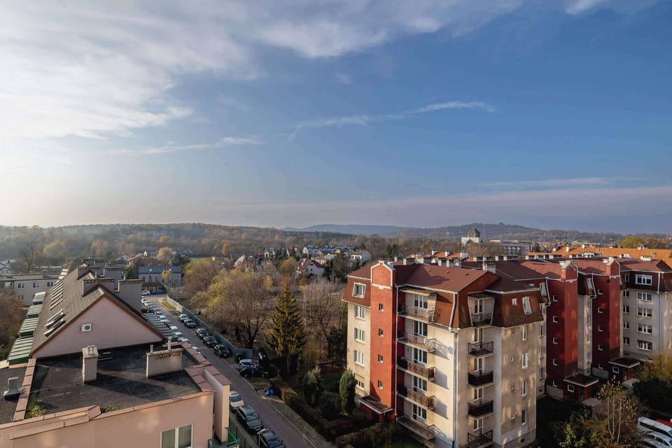 A wide-angle view of a residential area with rooftops, trees, and distant buildings under a clear sky.