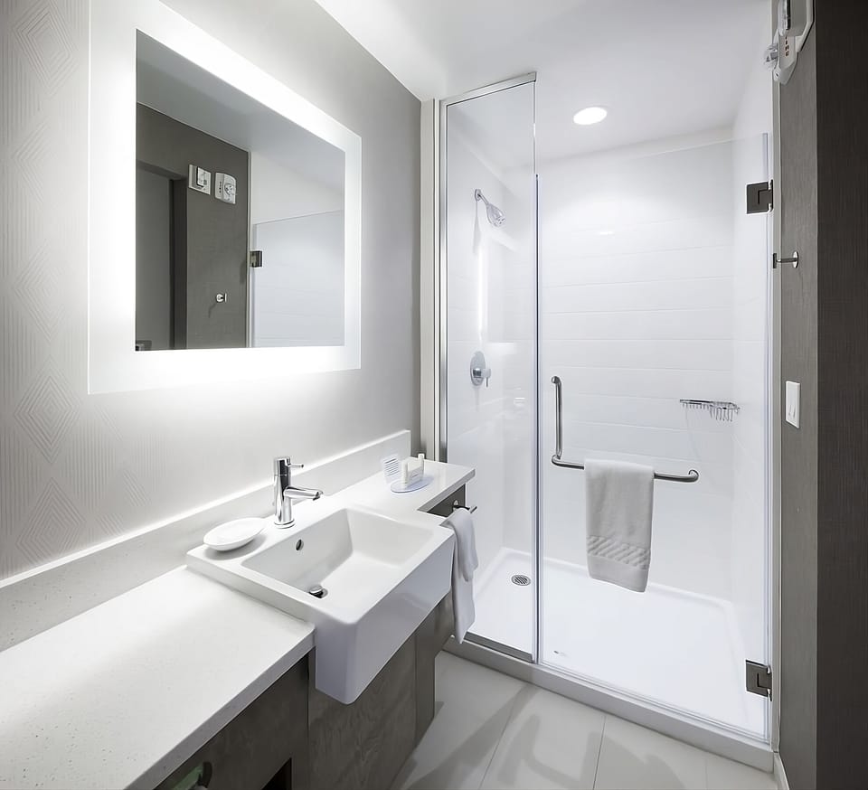 Full bathroom with a shower. Basic toiletries and towels are provided
