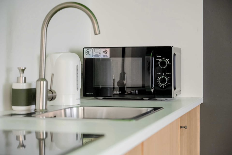 Kitchenette with induction cooktop, refrigerator with freezer, microwave oven and electric kettle.