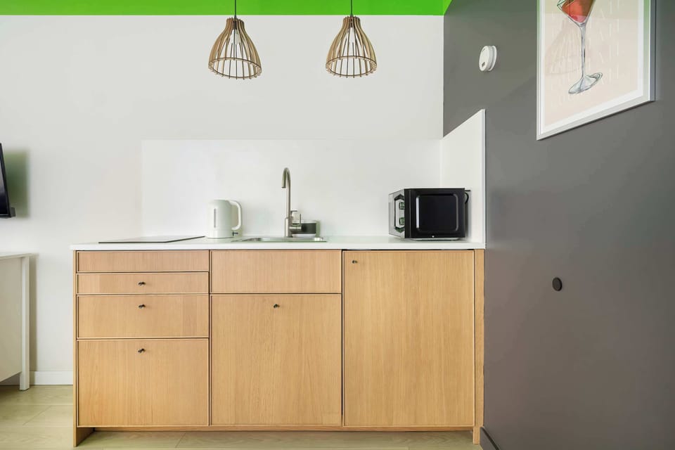 Fully equipped kitchenette with induction cooktop, refrigerator with freezer, microwave oven and electric kettle.