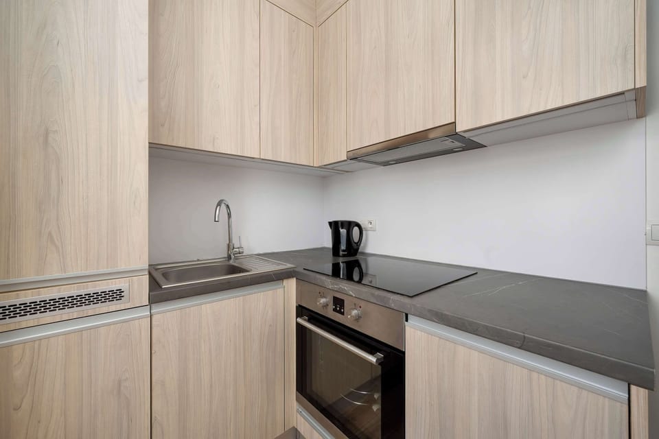 The compact kitchenette is designed with light wood-grain cabinetry and a dark grey countertop. It includes an integrated induction cooktop and a built-in oven, maximizing the efficiency of the small space.