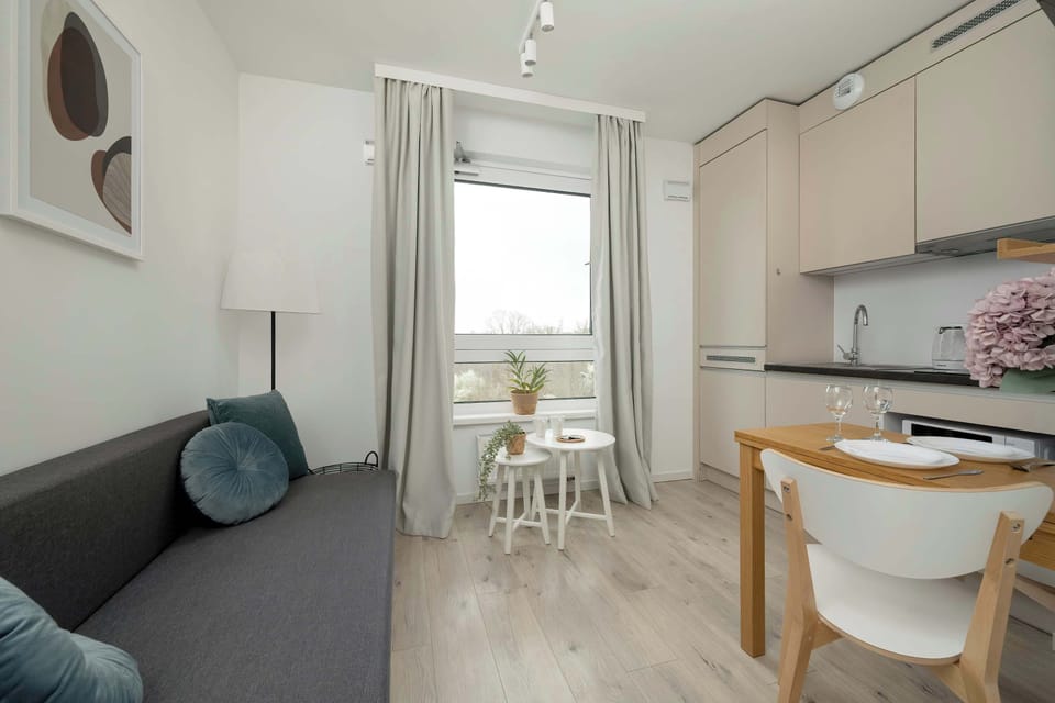 Bright interior, grey sofa, wooden dining table with chairs, kitchen in the background.