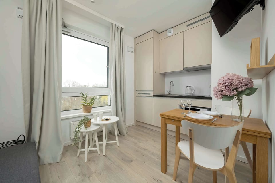 Bright interiors of the living room combined with the kitchenette. Plenty of natural light streams in through the large window with long curtains.