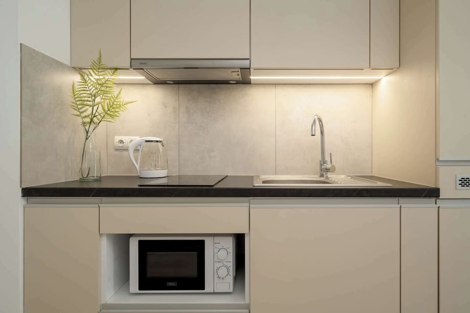 The kitchenette is equipped with a microwave, hob, fridge and washing machine.