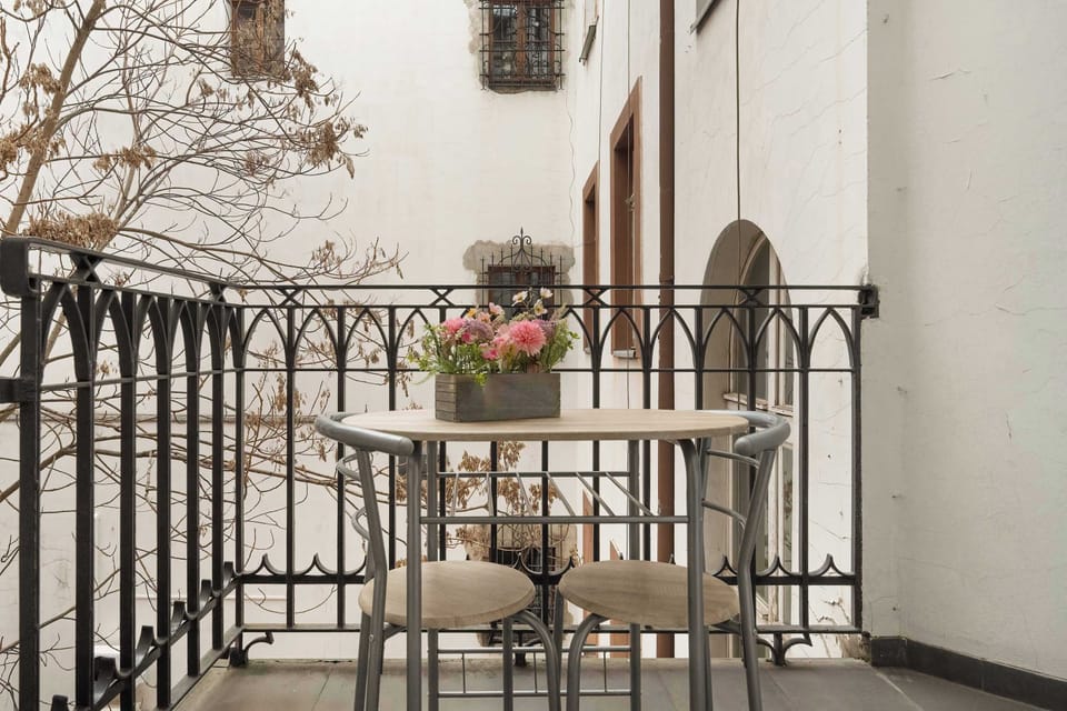 A charming balcony with a black wrought iron railing. The perfect spot to enjoy a morning coffee while overlooking the street.