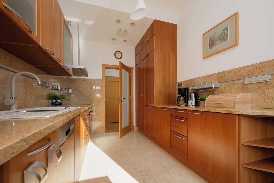 Fully equipped kitchenette with induction cooktop, oven, refrigerator, freezer, dishwasher, coffee maker and electric kettle.