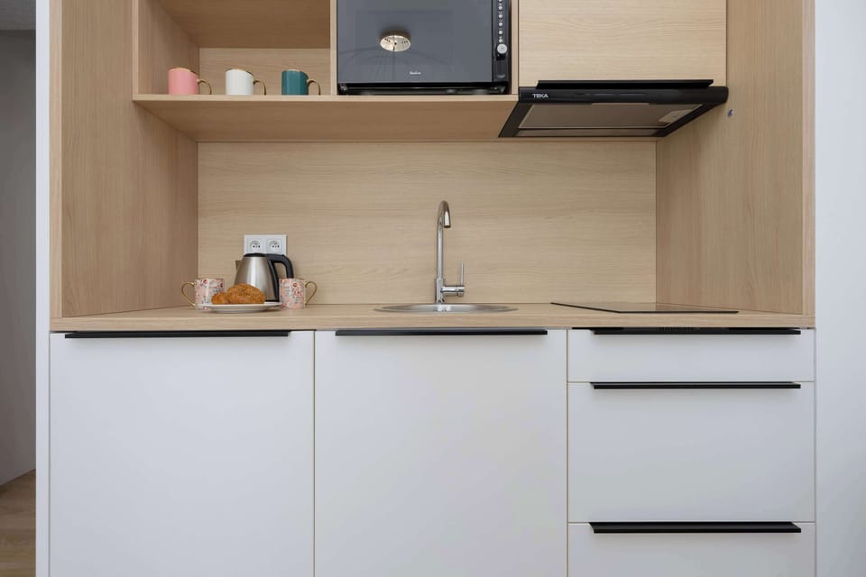 A view of the practical kitchenette.
