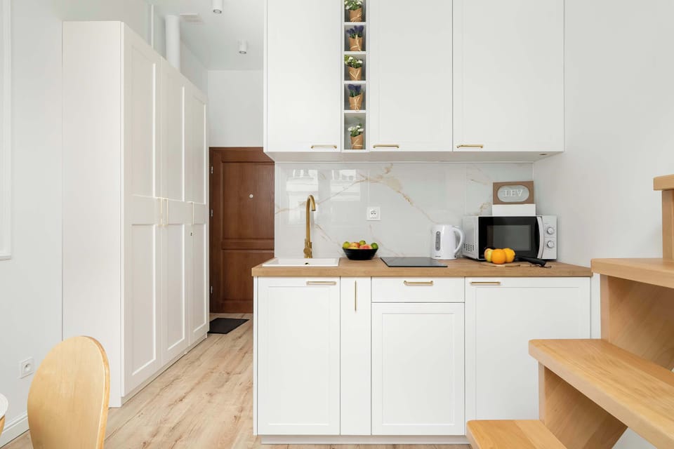 Fully equipped kitchenette with induction cooktop.