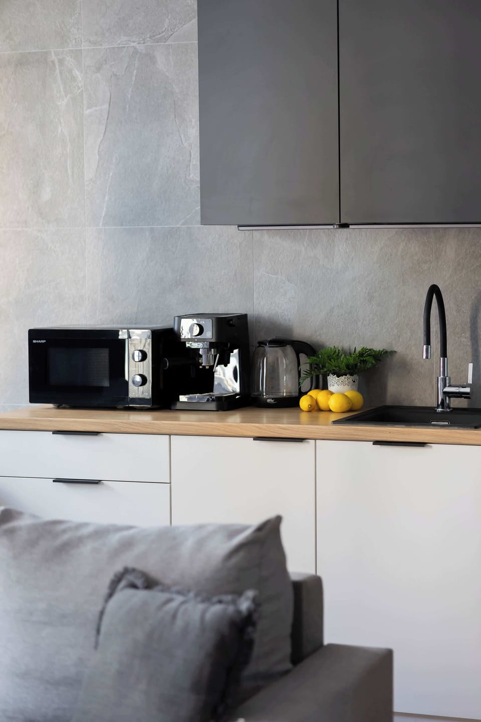 A view of the kitchenette and amenities such as a microwave and coffee machine.