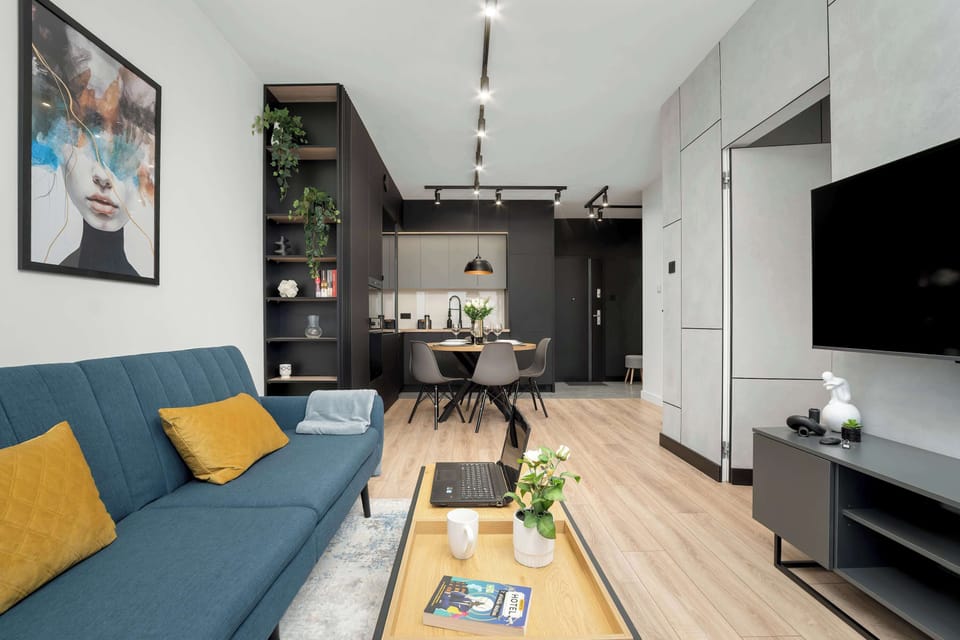 Comfortable living room with sofa bed, TV and kitchenette.