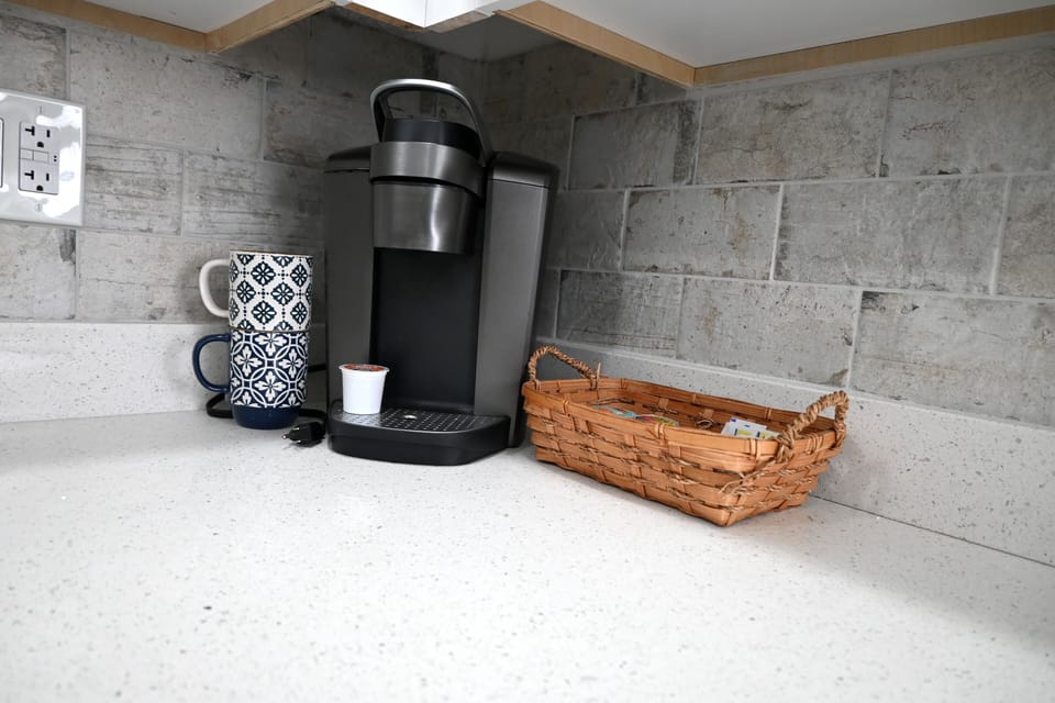 Keurig with coffee pods for your first morning, French Press also available