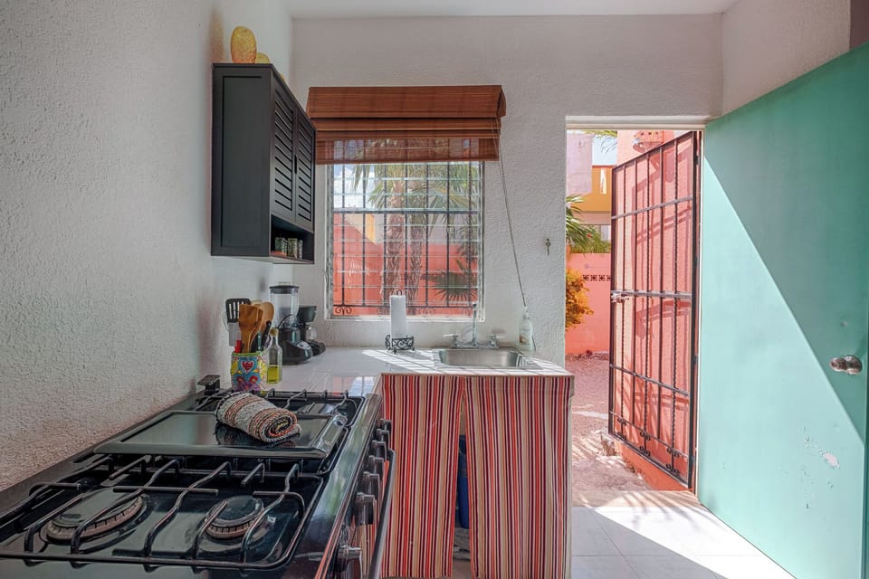 The beautiful kitchen boasts practical amenities, such as a full gas cooktop and a spotless stainless basin, setting the stage for easy meal prep.