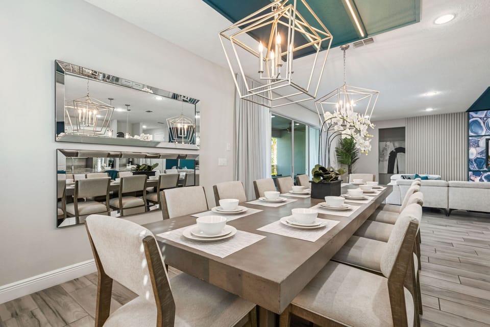 12 seater long dining table with aesthetic chandelier