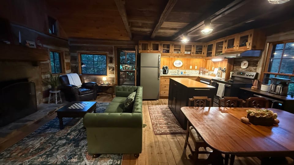 Kitchen, dining, seating area.