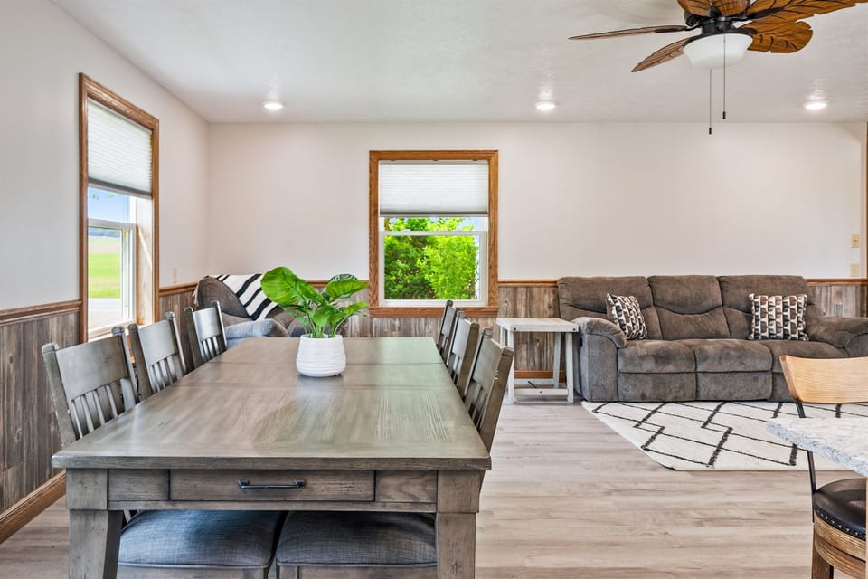 Dining area lined with large windows