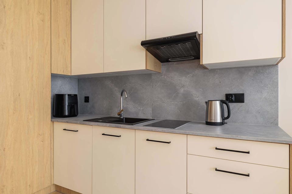 Fully equipped kitchenette with induction hob, refrigerator, freezer, electric kettle and air-fryer.
