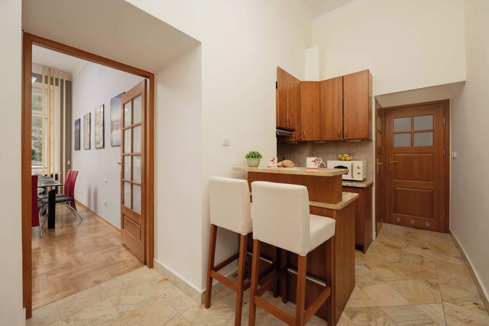 The kitchen's modern appliances make meal preparation easy.