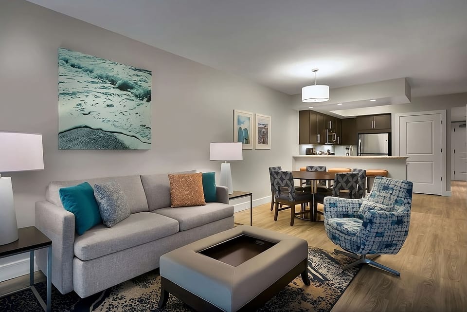 Relax into a calm, modern retreat perfect for movie nights.
