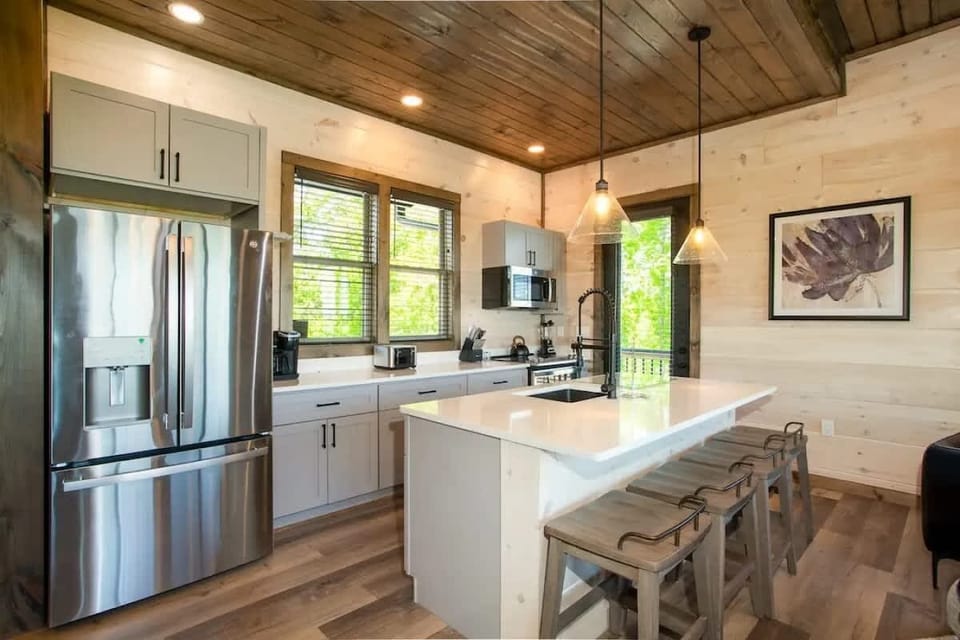 Fully stocked kitchen so you can cook and feed your group during your stay. (stove, oven, microwave, sink (no disposal), fridge, freezer, coffee machine, blender, can opener, toaster, cook/bakeware, silverware, dishes, cups, mugs, and wine glasses. 
