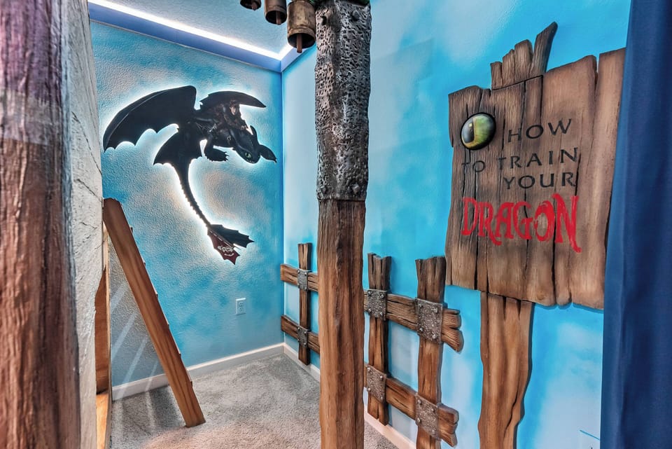 Step into a whimsical hallway adorned with vibrant, playful murals that spark the imagination. The textured wood accents and colorful artwork create a unique atmosphere, making this space perfect for both adventure and relaxation.