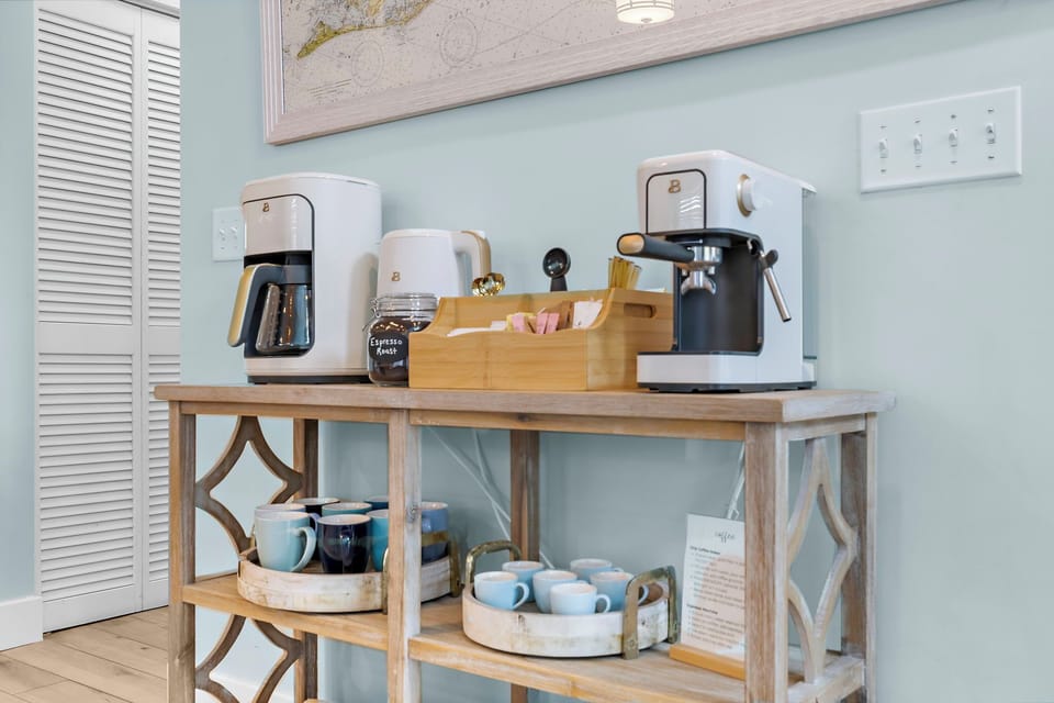 Start your morning at the fully stocked coffee bar with drip, espresso, or tea. 