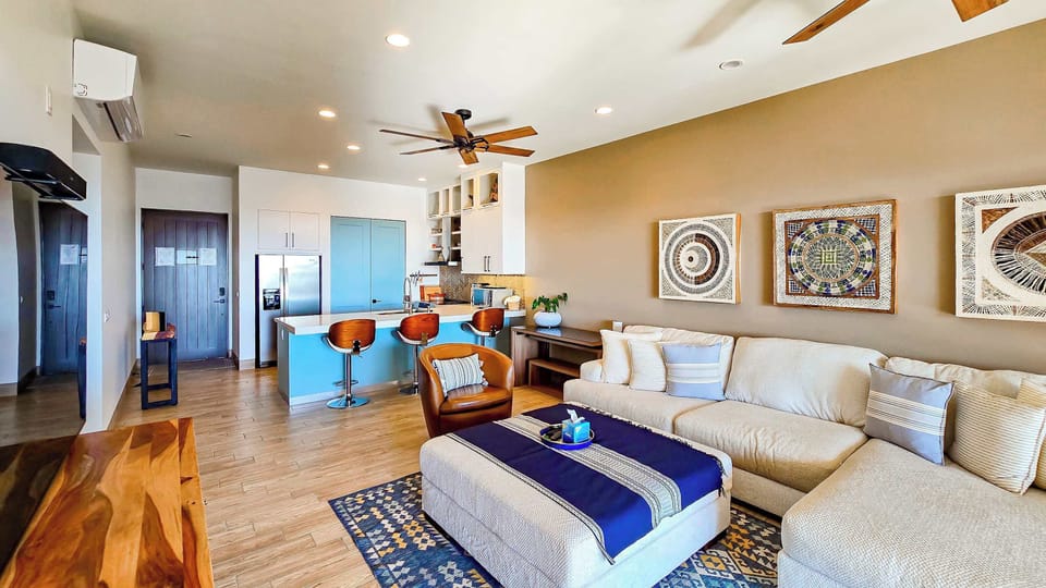 Dine and relax in the combined living and dining area.