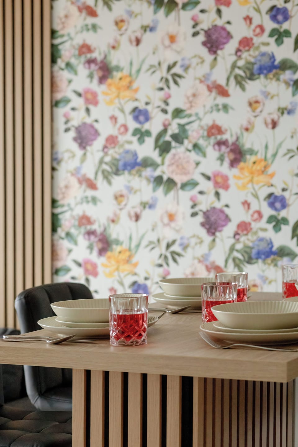 Dining table with tableware.