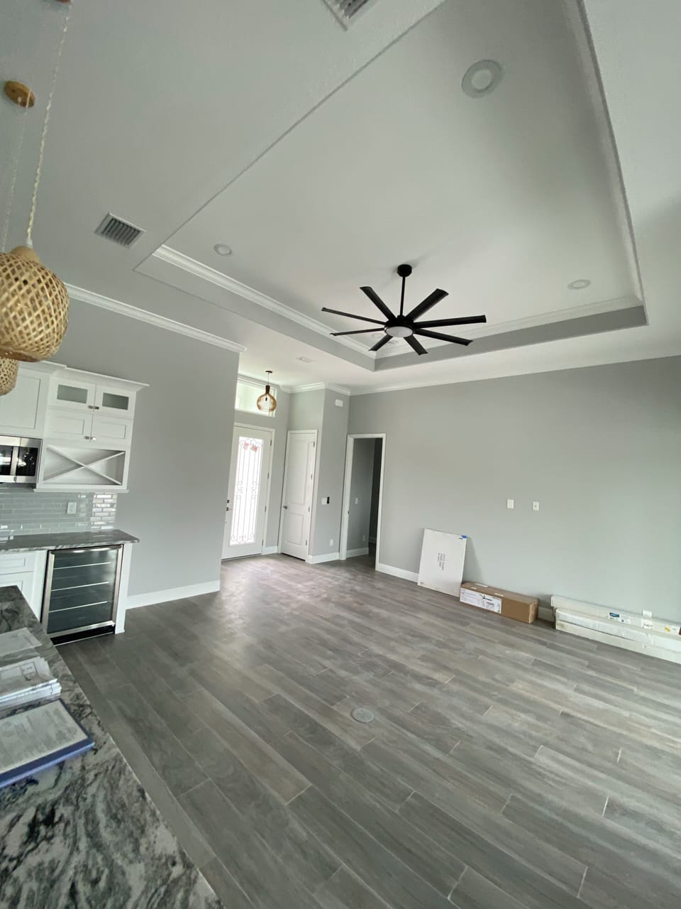 Open floor plan with view of Living Room. (Furniture and TV Mount coming soon)