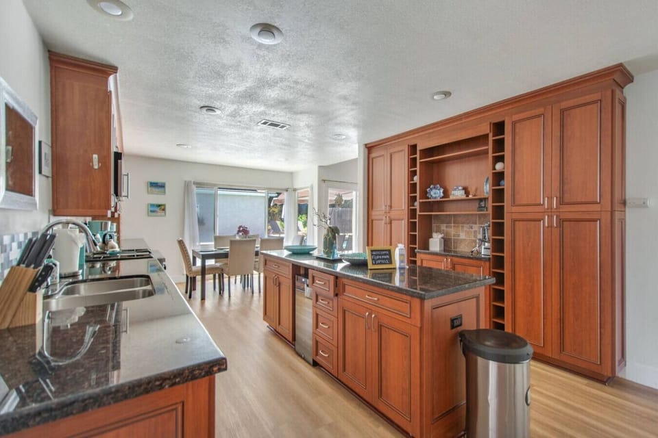 Spacious kitchen with island seating.