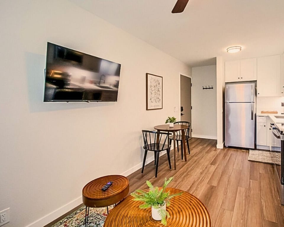 View from the living room toward the kitchen and entry, designed for easy flow.