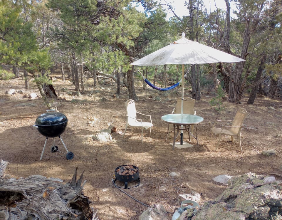 Patio area with grill, firepit, hammock, table and chairs
