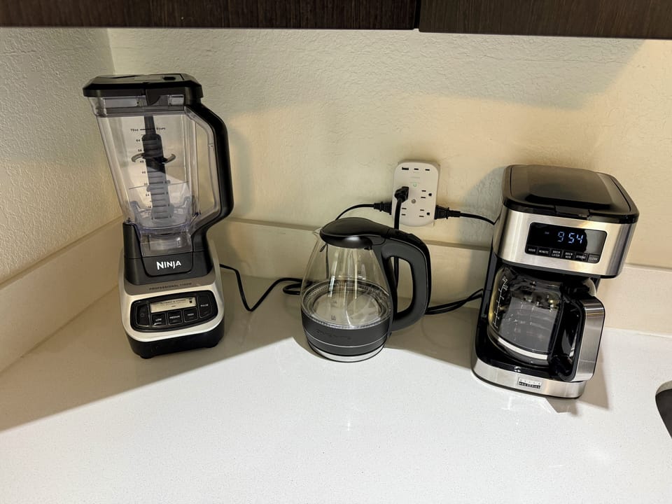 Coffee maker, electric kettle and blender as well as toaster and rice maker.