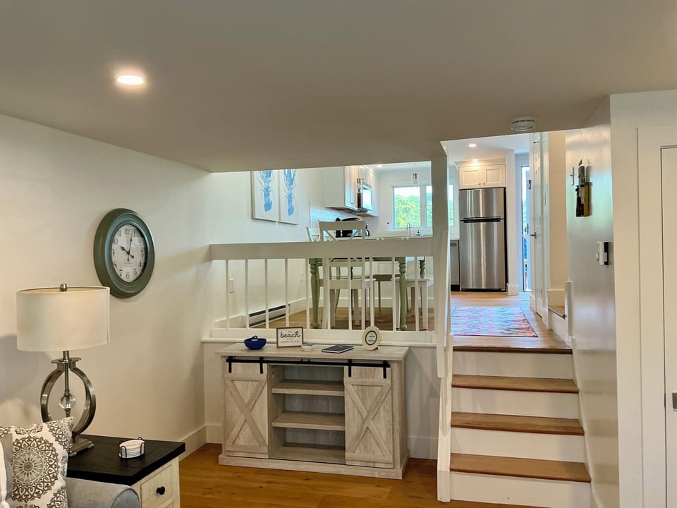 Looking out to the dining area and kitchen