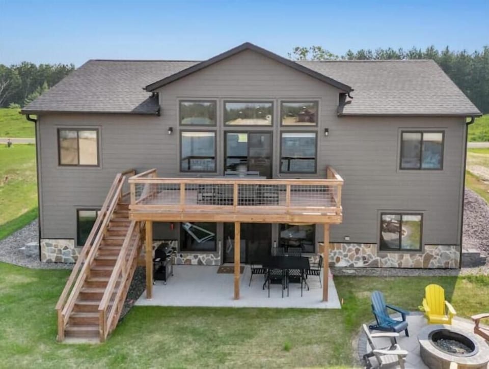 deck and patio, firepit, private access beach on Sunset Lake, outdoor activities