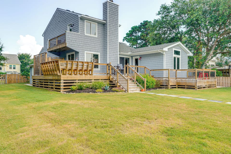 Exterior | Spacious Deck & Yard | Outdoor Seating | 2-Story Home