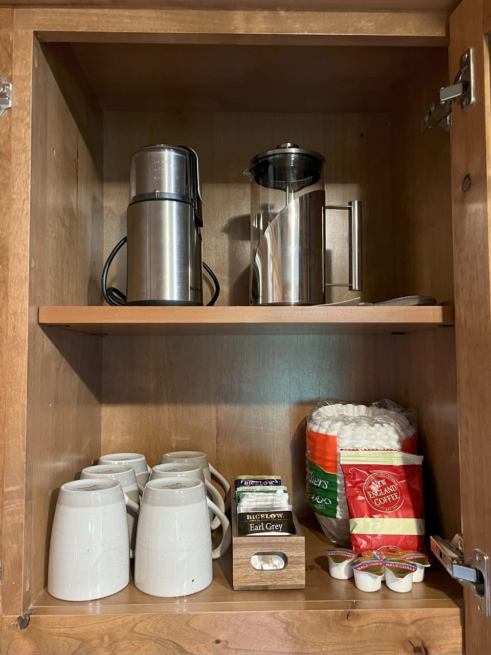 Coffee station- grinder, french press, drip coffee pot, and starter coffee pack