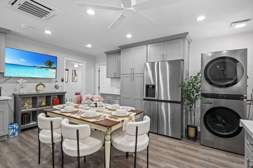 Cozy dining table for group dinners or morning coffee.