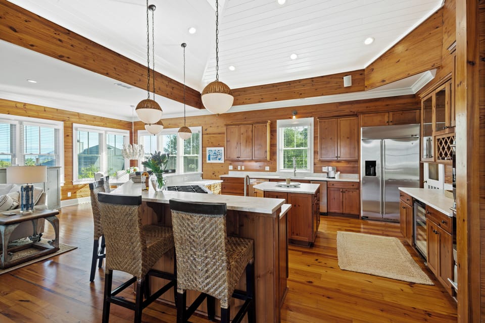 Fully equipped kitchen with stainless appliances.