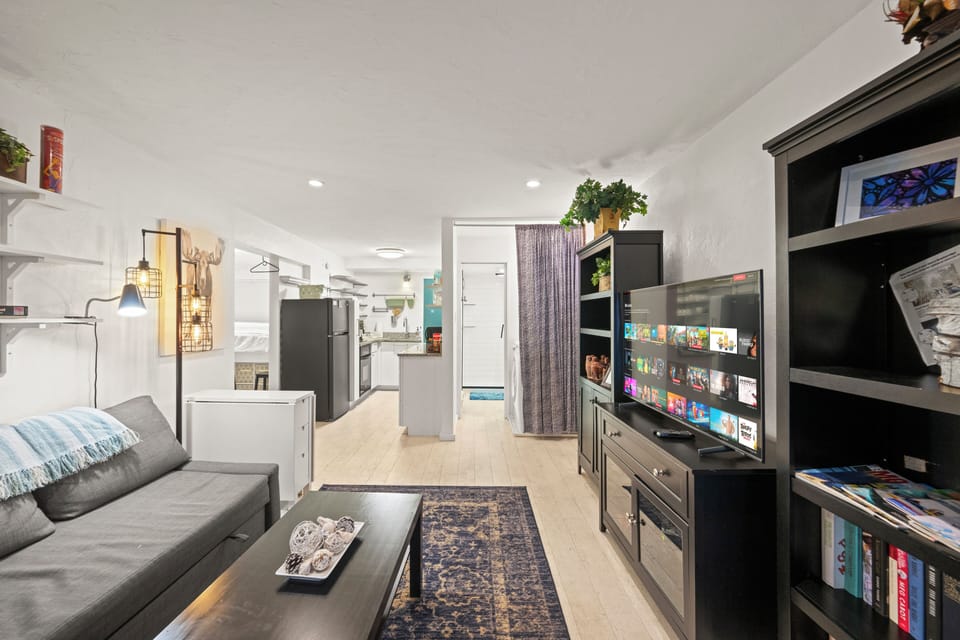 Cozy living space with smart TV and bookshelves