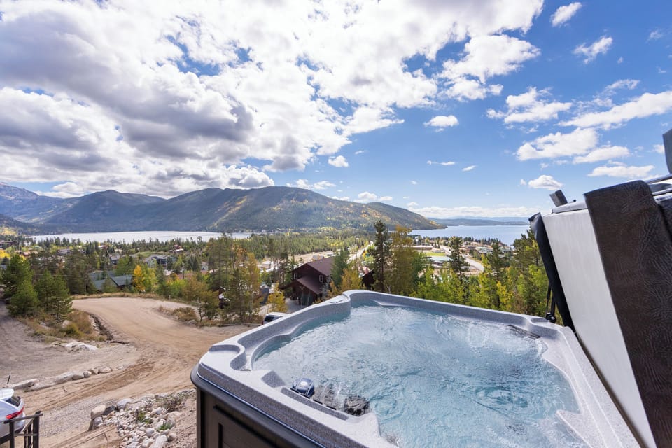 Outdoor mountain relaxation in hot tub. 