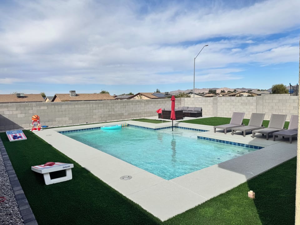 Pool area and living area.