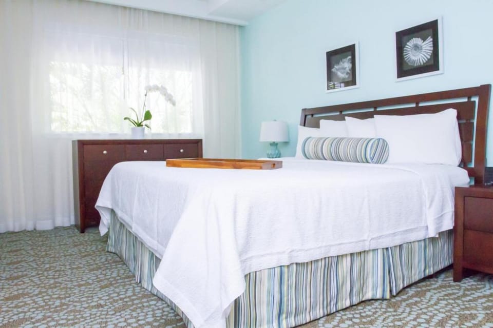 Drift off on a plush king bed in serene comfort.