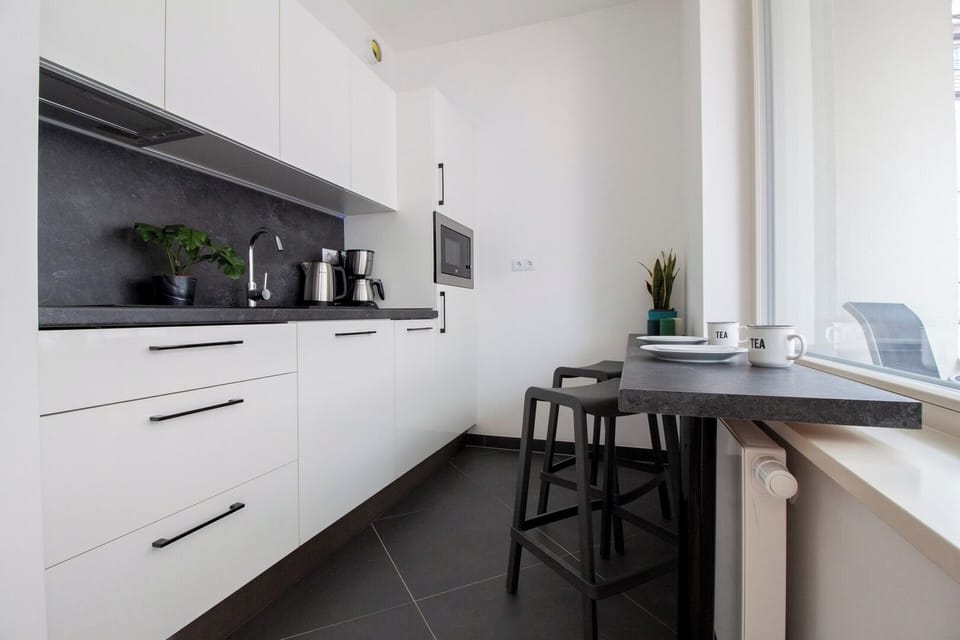 Kitchen with coffee maker, dishwasher, stove, microwave, fridge and all necessary things for cooking 