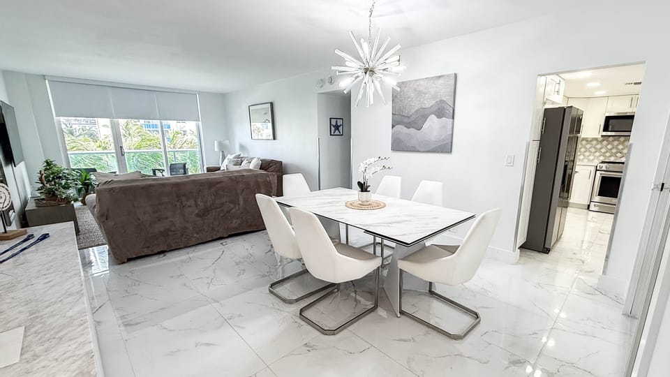 Dining room, living room and kitchen
