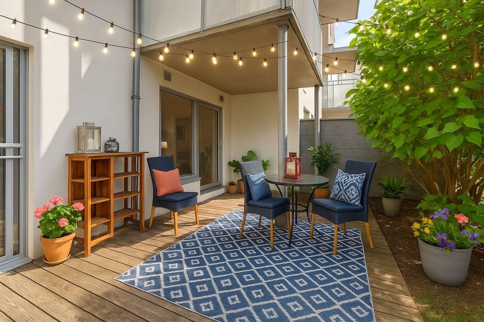 Cozy apartment patio with greenery and seating for perfect evenings.