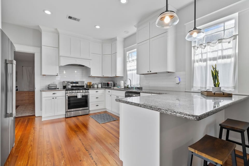Bright kitchen with 2 bar stools