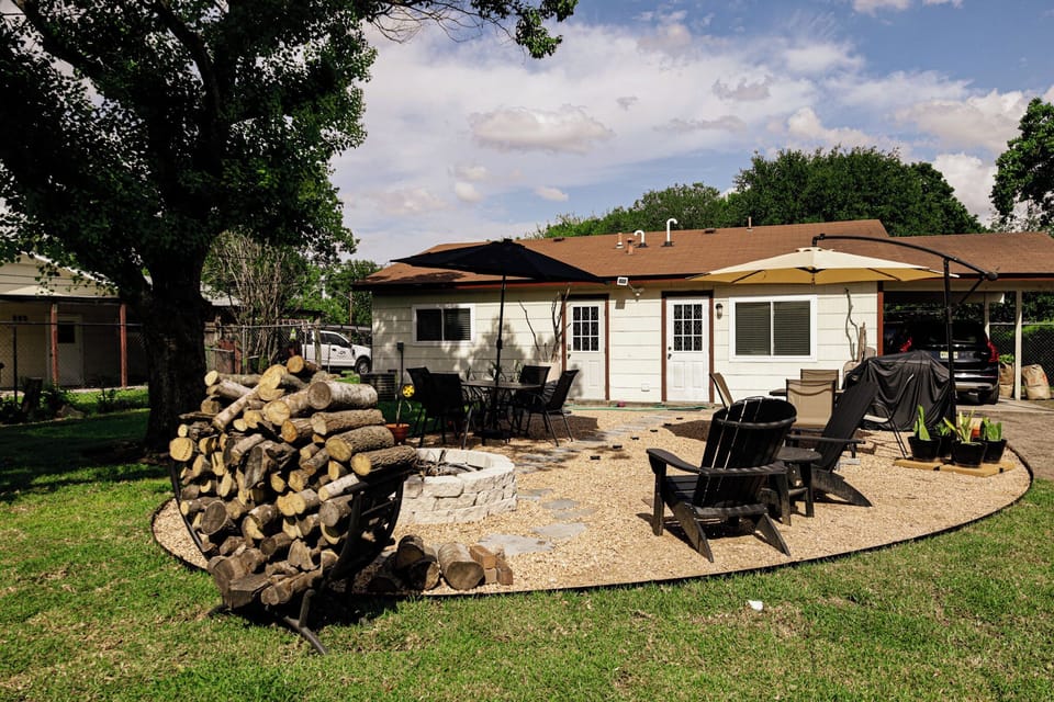 Backyard with multiple seating areas