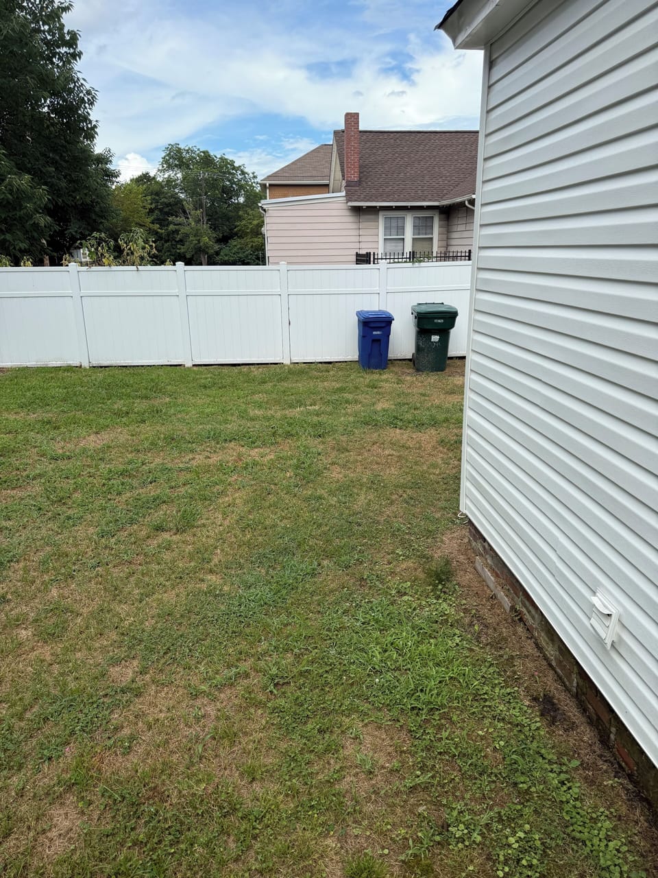 The backyard features a high privacy fence, offering a peaceful and private.