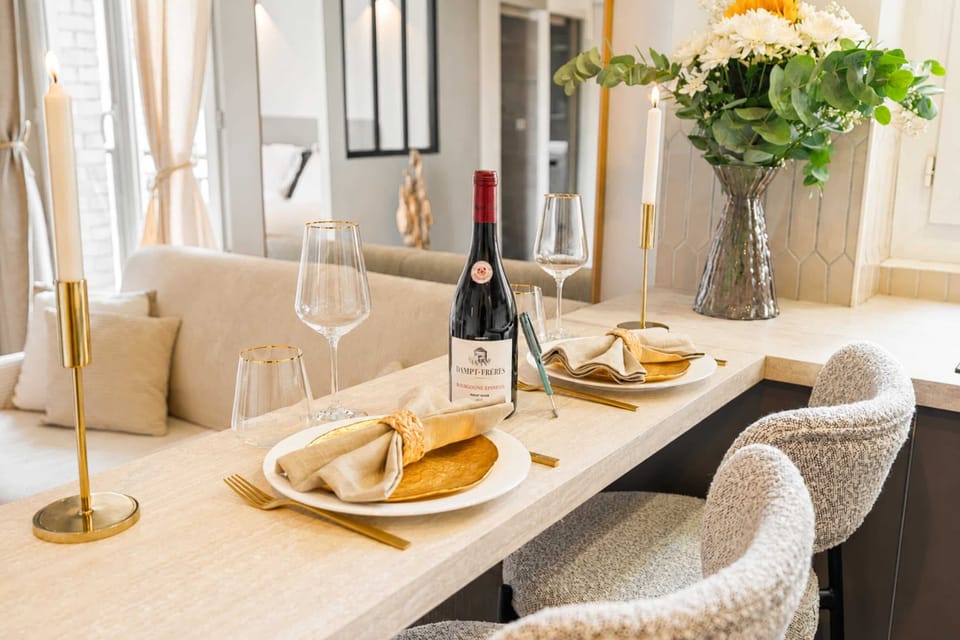 Work table that can transform into a beautiful dining table for 4 people.